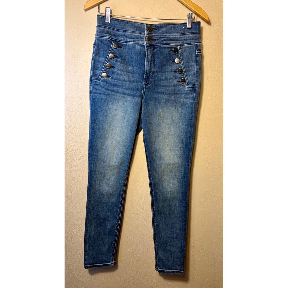 Express High Waisted Sailor Button Skinny Jeans Medium Wash Blue Denim